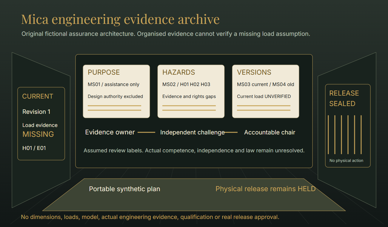 Original conceptual Mica evidence archive: purpose, hazards and versions occupy separate shelves; current load evidence is missing and the physical-release bay is sealed.