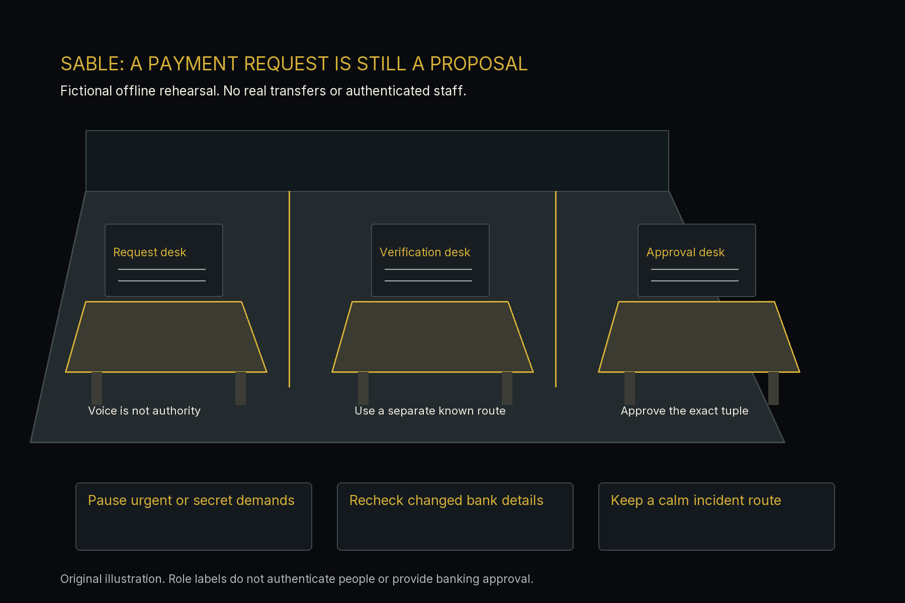Original fictional treasury room with separate request, independent verification and exact-approval desks, with urgent demands and changed bank details paused.