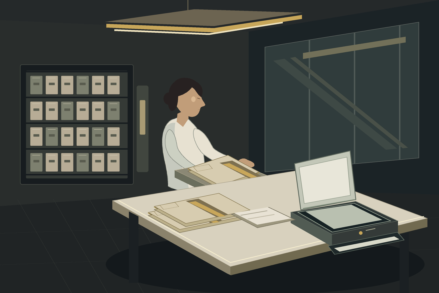 Original conceptual illustration of a fictional protected-record intake area, with source folders, a scanner and a separate review boundary.