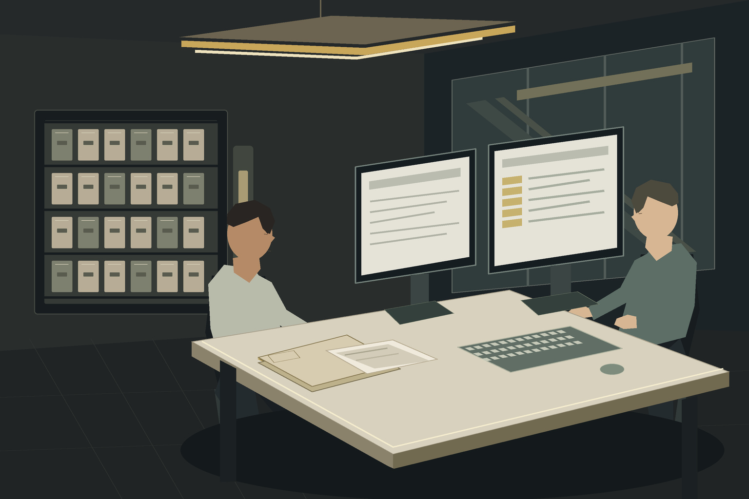 Original conceptual illustration of a fictional source-comparison review area, showing two displayed document representations beside one another.